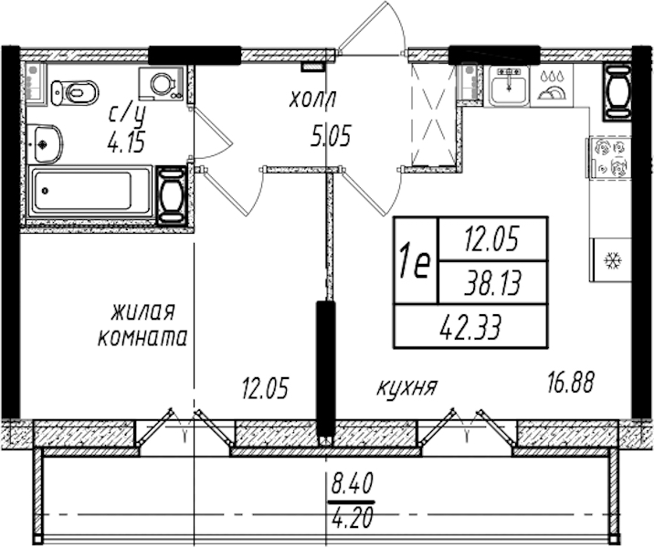 1-комнатная квартира 42.33 м², 12/25 эт., ЖК «Северная Долина»